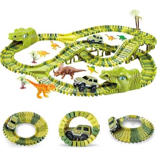 211/289pcs Dinosaur Electric Race Track Rail Car Toy Assembly Flexible Racing Tracks Diecast Vehicle Toys For Children Gifts