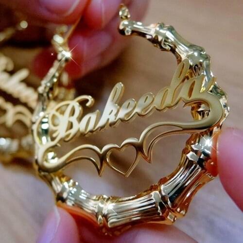 Personalized Custom Gold Round-shape Name Bamboo Earrings for Women Customized Stainless Steel Fashion Love Earrings Jewelry