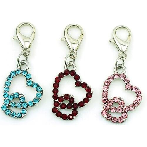 JINGLANG 50pieces/Lot Wholesale Lobster Clasp Charms Rhinestone Double Heart Pendants DIY Charms For Jewelry Making Accessories