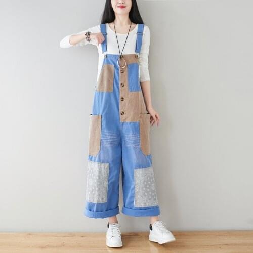 Patchwork Jeans Jumpsuit for Women Plus Size Loose Home Casual Denim Overalls Wide Leg Baggy Bib Pants Bleached Colour Block