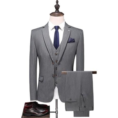 Asian size 2021 Latest Korean style Mens Suit 3-piece Set Slim Trend Fashion Stripe Printing Business Casual Office Formal Suit