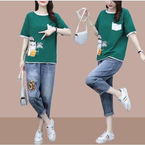 2021Summer New Large Size Suit Women Cowboy Two-Piece Suit Women Cotton Short-Sleeved T-Shirt Denim Outfit Female One-Piece/Set