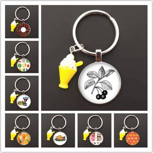 New cake. Ice cream. Coffee fruit key chain key chain ring glass cabochon key chain, womens bags, car straps, jewelry gifts