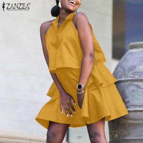 ZANZEA Fashion Ruffle Dress Womens Summer Sundress Elegant Lapel Neck Sleeveless Party Vestido Casual Solid Beach Dresses Robe