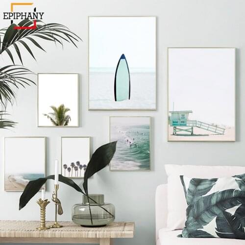 Beach Wall Art Gallery Ocean Surf Print Palm Tree Modern Minimalist Print Tropical Coastal Decor Wall Pictures for Living Room