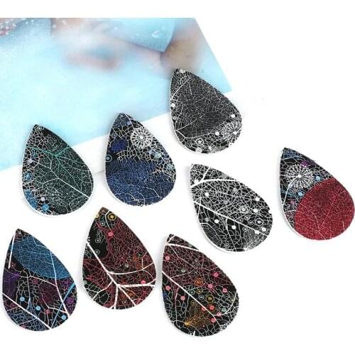 2PCS Fashion 56mmx37mm Flower Print PU Leather Water Drop Charm Pendant for Earring Necklace Fashion Jewelry Findings Making