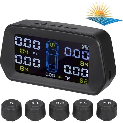 TPMS Tire Pressure Monitoring System Solar Powered with 5 External Sensors 6 Alarm Function Real Time Display Tires Pressure