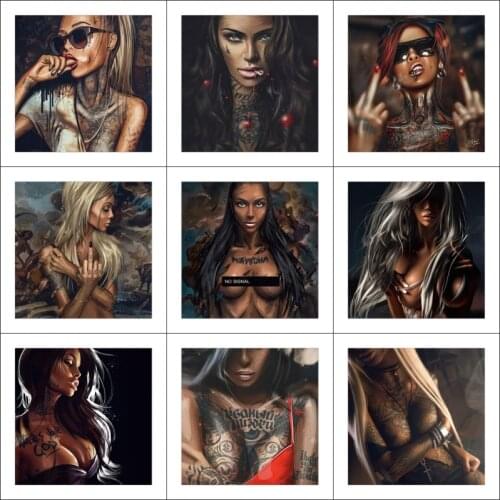 Tattoo Girl with Flowers on Head In Magic Forest Vintage Canvas Painting Portrait Photography Wall Art Picture for Bedroom Decor