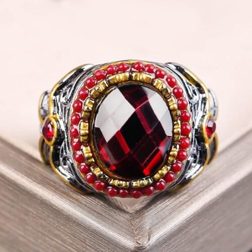 Vintage Two Tone Totem Ring Big Oval Red Stone Bow Ring For Men Women Gothic Party Anniversary Ring Retro Jewelry Gift J4M864
