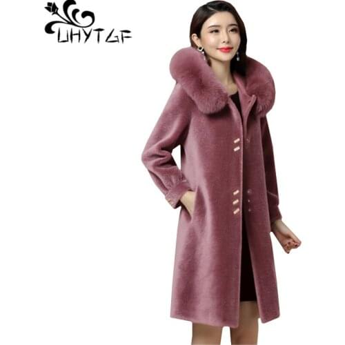UHYTGF Quality sheep sheared winter fur coat women fashion fox fur hooded casual 4XL plus size jacket female long tops coats 645