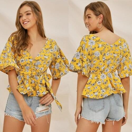 Front Tie Blouse Women Casual Boho V Neck Summer Print Short Flare Sleeve Ruffles Hem Blouse Yellow