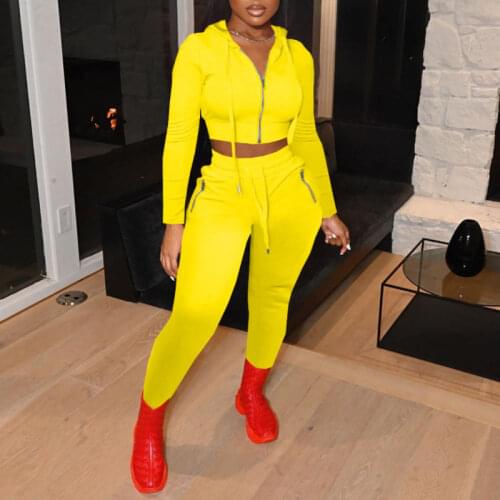 Autumn Two Piece Suit Solid Colour Womens Sportswear Casual Hooded Long Sleeve Cropped CardiganTops Lace-up High Waist Trousers