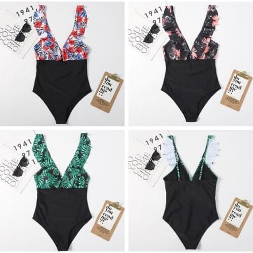 Womens Sexy Swimwear Bikini Ladies V-neck Printed Patchwork Ruffle One Piece Fashion Swimsuit 2021Summer New