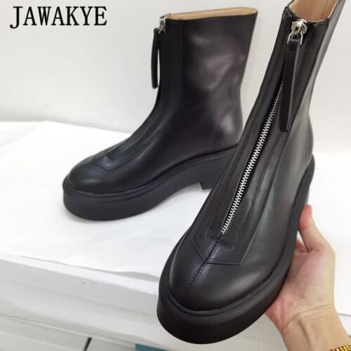 Punk Platform Boots for Women Real Leather Front Zipper Martin Bootie Winter Black White Shoes Thick Sole Motorcycle Botas Mujer