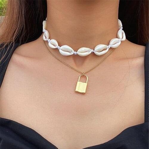 2021 Fashion Vintage Multilevel New Geometric White Shell Gold Chain Lock Pendant Necklace For Women Boho Choker Jewelry Gift