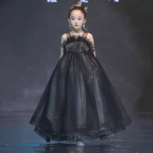 Children Carnival Costumes Mesh Sequined Stitching Kids Catwalk Black Evening Gown Baby Girl Bridesmaid Wedding Dress L927