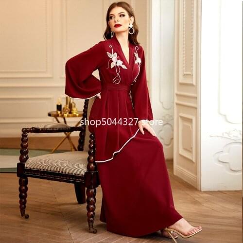 Dubai Handmade Pearls Dress Abaya Women Spring Fashion Flare Sleeve Eid Party Gown Robe Islamic Muslim Turkey Morocco Clothes