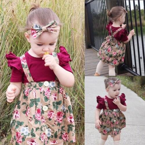 Toddler Girls Short-Sleeved Romper Floral Suspender Skirt Head Knot 3pcs Children Clothing Summer Newborn Baby Girl Fashion Suit