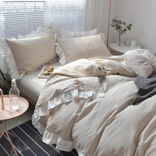 Quality Washed cotton bedding set queen size princess bed set ruffled striped duvet cover bed sheet quilt cover bedding sets