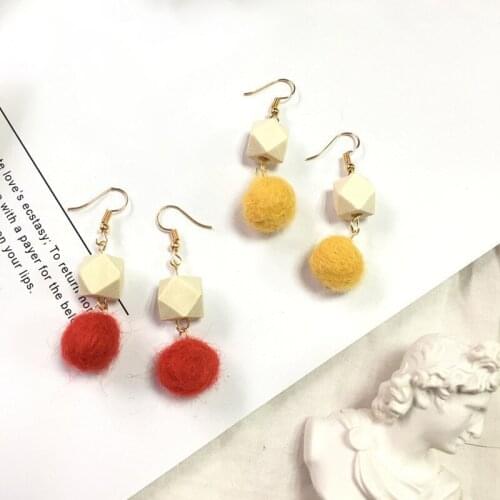 Korean Fashion Plush Ball Long Earrings For Women Geometric Square Wood Stitching Multicolor Hair Ball Earrings Gift Jewelry