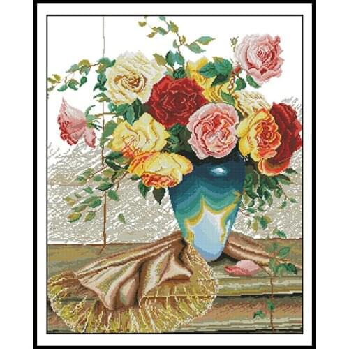 Colorful Roses Paintings Joy Sunday Counted Cross Stitch Kits Flowers Patterns DIY Handwork Embroidery Kits 14ct Printed Canvas