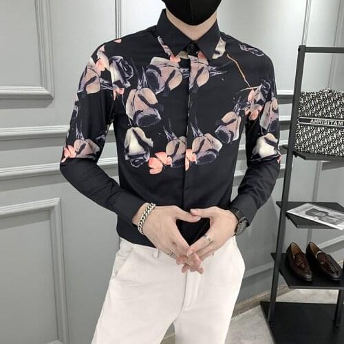 2021 Mens Flower Printed Shirt Autumn Long Sleeve Casual Business Formal Shirts Slim Streetwear Social Party Tops Chemise Homme