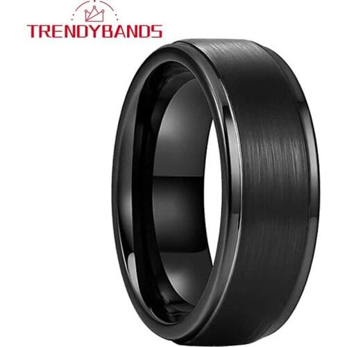 8MM Black Tungsten Carbide Engagement Rings For Men Women Wedding Bands Stepped Edges Brushed Finish Comfort Fit