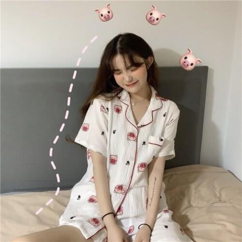 Qweek Pajamas with Shorts Pyjamas Cotton Summer Suit for Women Korean Style Kawaii Pig Print Pijamas Teen Girls Home Clothes