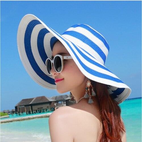 New Holiday UV Protection Simple Design Red Blue White Stripe Big Sun Hat Womens Beach Hat