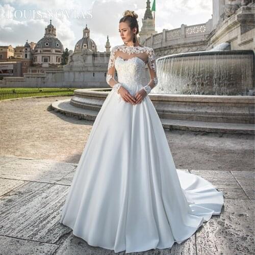 Louis Novias LongSleeve Wedding Dress High Quality Graceful Customized Plus Size Slim Matte Satin Pearls Dress For Wedding Party