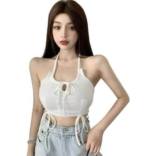 Woman Camisole Female Summer Sexy Sleeveless Halter Backless Solid Color Pleated Drawstring Bottoming Short Tank Tops 2021