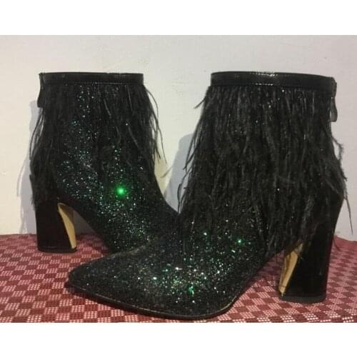 US4-11 Womens Pointed Toe Sequins Bling Feather Tassels Ankle Boots Chunky High Heel Shoes Match Colors Plus Size Shiny New