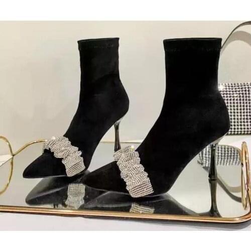 Luxury Crystal Thin High Heels Ankle Boots for Women Elastic Slip on Pointed Toe Boots Woman Stiletto Heel Party Botas Zip Sexy