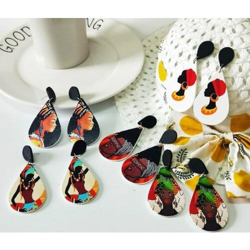 Boho Earrings Vintage Painted Africa Wooden Drop Earrings for Women Beauty Head Portrait Statement Drop Earrings Jewelry