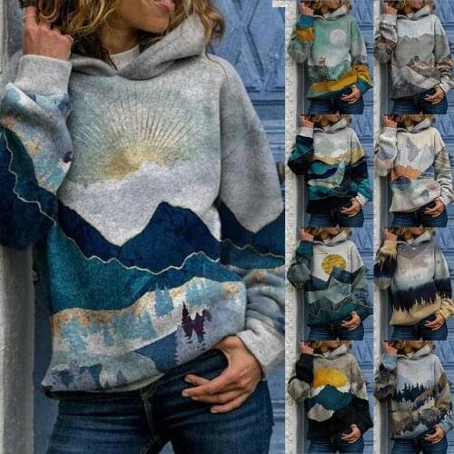 Womens Autumn Winter Printed Landscape Printed Pullover Mosaic Color Long-Sleeved Warm Women Loose Top Hoodie