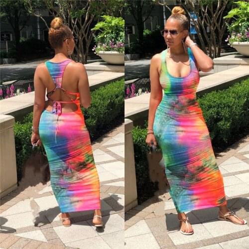 Dress 2020 tie-dye printed open back strappy dress new fashion womens sleeveless tight-fitting summer soft party dress sundress