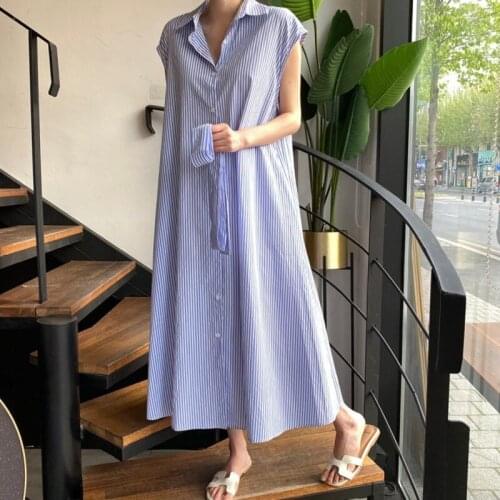 DSTWJMX Bandage Casual Dress Women Summer Shirt Dress 2021 New Striped Sleeveless Turn-down Collar Singe Breasted A-line Dresses