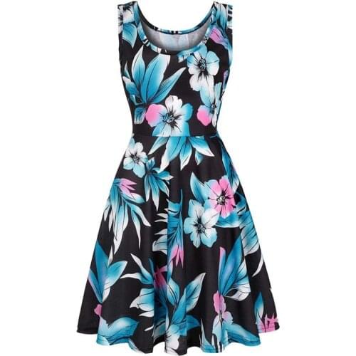 Summer Woman Camisole Pink Flower Printed Splice Dress O-neck Sleeveless Skinny A-line Dress Beach Vestidos