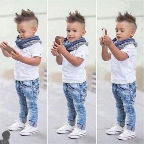 3PCS new boy suit T-shirt short sleeve shirt + denim pants + scarf boy clothes fashion streetwear