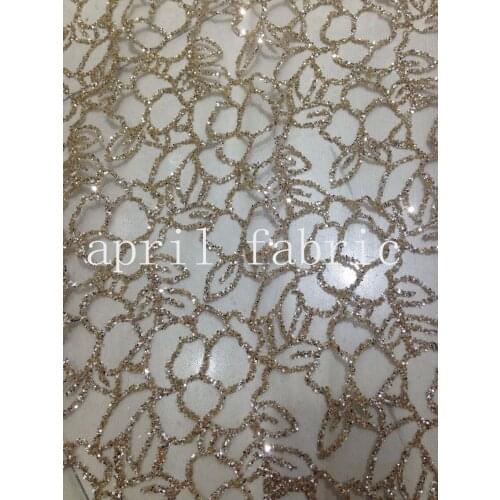 5yards HLL085 champagne gold flower hand print glitter african india mesh fabric for wedding/evening dress