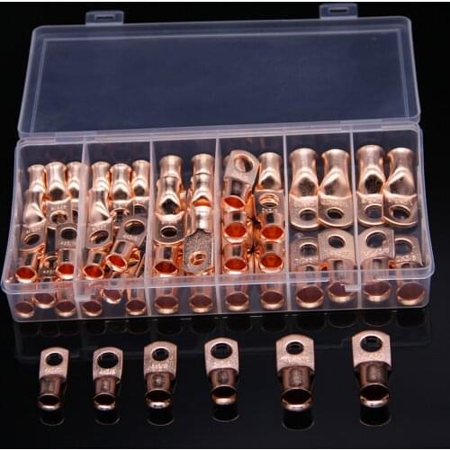 50Pcs Assortment Wire Ring Bare Copper Terminal 4, 2, 1/0 AWG 3/8" 5/16" Electrical Cable Connectors Lug Terminals Kit