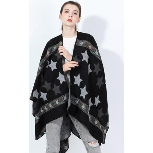 6 Colors 2021 Women Printed Jacquard Weave Stars Black Cardigan Split Fashion 135x175cm Poncho America Europe Shawl