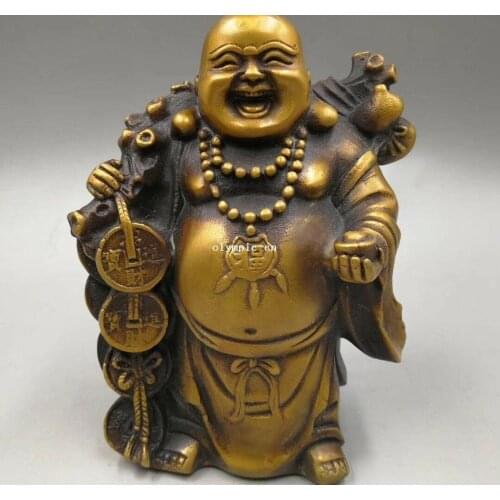 6'' copper carved auspicious good fortune treasure Maitreya Buddha statue
