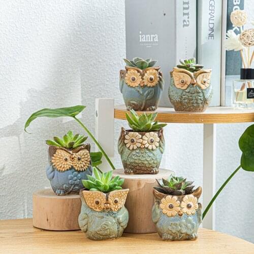 6Pcs/Set Ceramic Owl Shape Garden Flower Pot Desk Plant Pot Creative Design Succulent Planter Pot Home Garden Decoration Outdoor