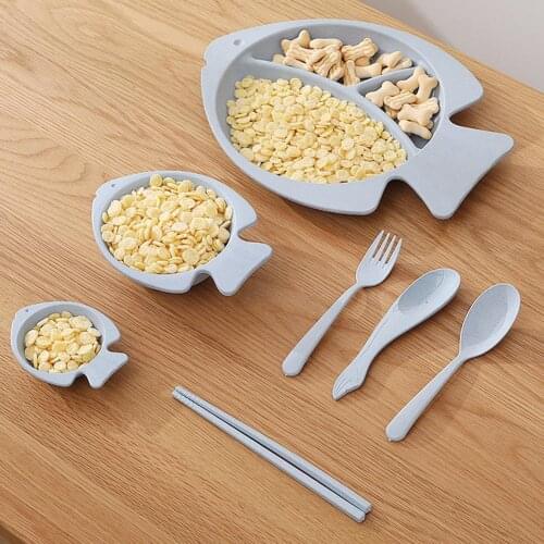 7Pcs/Set Kid Cartoon Bowl Dishes Plate Baby Feeding Box Wheat Straw Tableware Dinnerware Sets