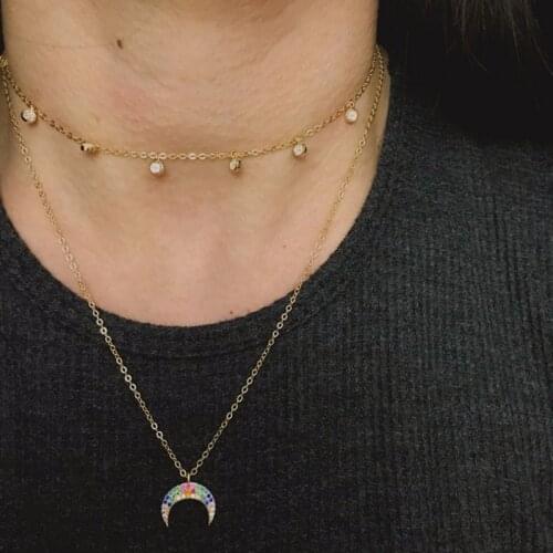 Shinny 100% 925 sterling silver curved crescent moon delicate rainbow colorful horn pendant women gold chain femme jewelry