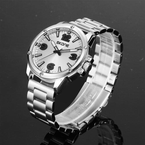 SKONE Simple Quartz Wristwatch Men Big Number Steel Belt Bracelet Male Clock Top Brand Old Man Watch Gift For Father