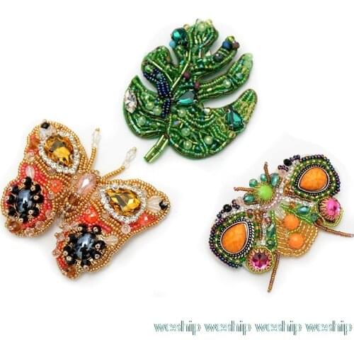 DIY 3D Handmade embroidery beaded color orange butterfly leaf sequins patch applique for Coat Trousers Bag Brooch