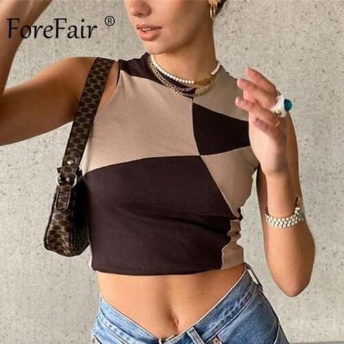 Forefair Patchwork Tank Top Brown Ribbed Knit Sleeveless High Neck Streetwear Aesthetics Y2K Fashion Women Summer Crop Top