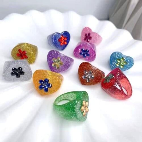 Vintage Shiny Heart Flower Rings for Women Acrylic Cute Fashion Candy Color Resin Rings Jewelry 90s Aesthetic Friendship Gifts